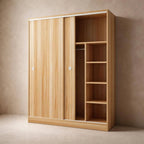 Scandinavian Sliding Door Wood Wardrobe With Shelves And Rod