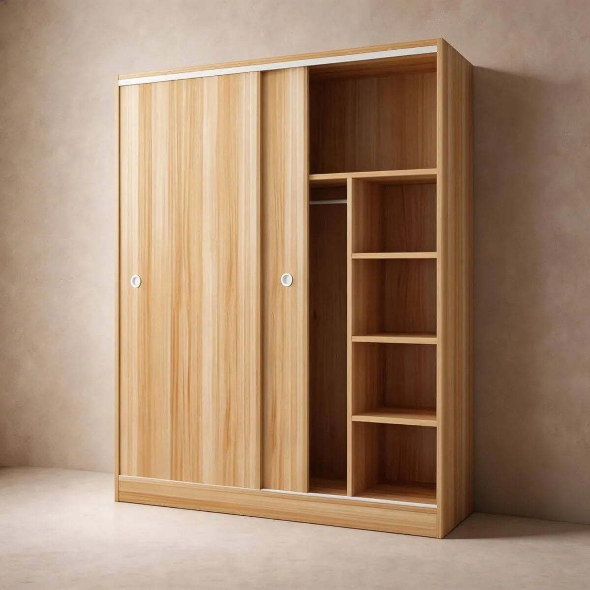 Scandinavian Sliding Door Wood Wardrobe With Shelves And Rod