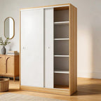 Scandinavian Sliding Door Wood Wardrobe With Shelves And Rod