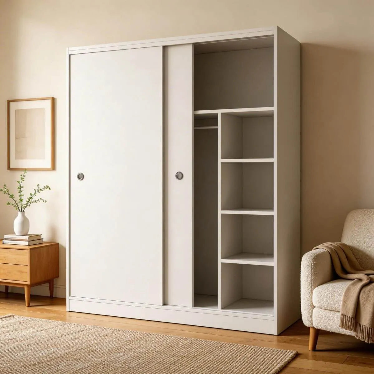 Scandinavian Sliding Door Wood Wardrobe With Shelves And Rod