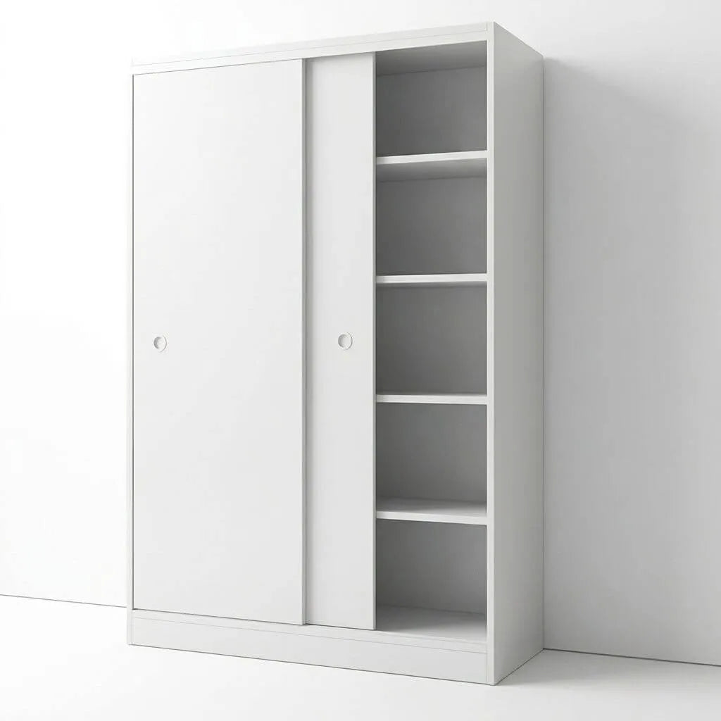 Scandinavian Sliding Door Wood Wardrobe With Shelves And Rod