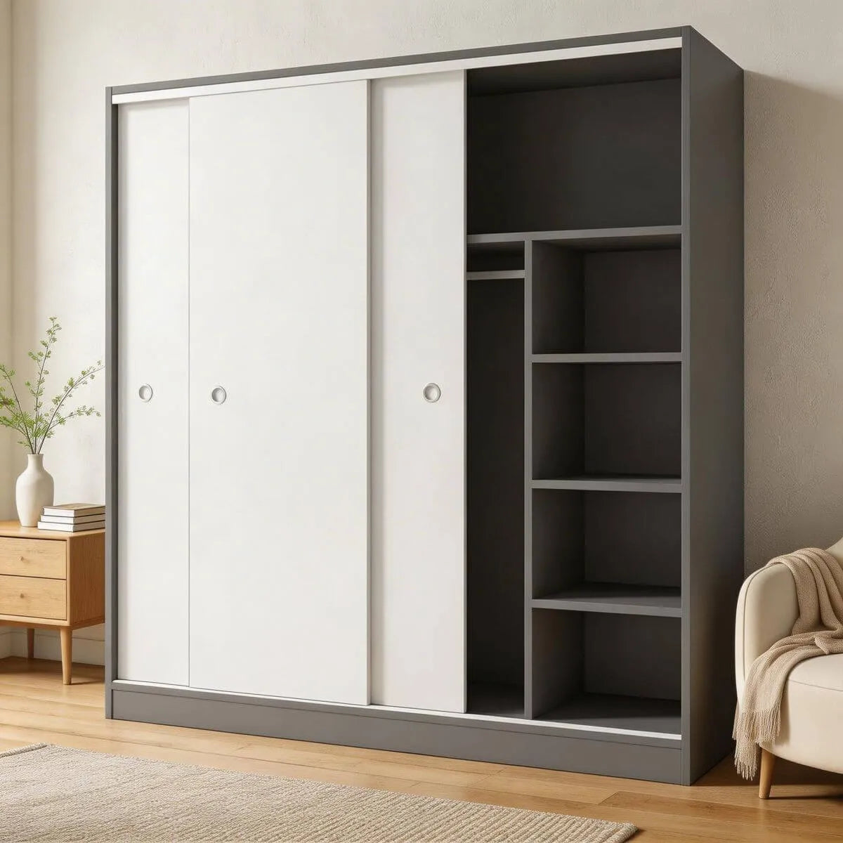 Scandinavian Sliding Door Wood Wardrobe With Shelves And Rod