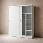 Scandinavian Sliding Door Wood Wardrobe With Shelves And Rod
