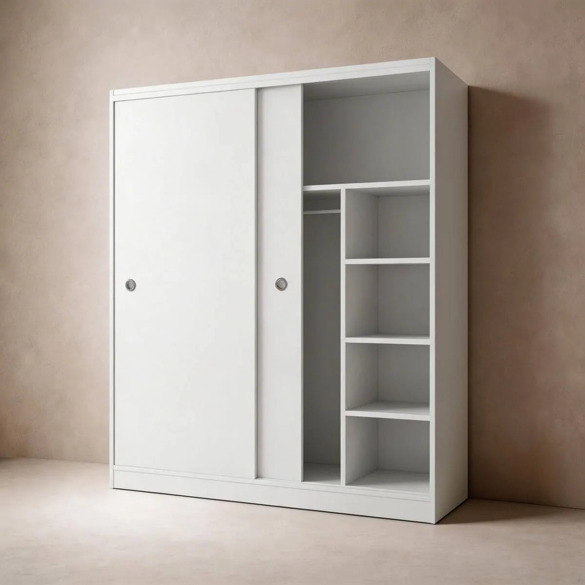 Scandinavian Sliding Door Wood Wardrobe With Shelves And Rod