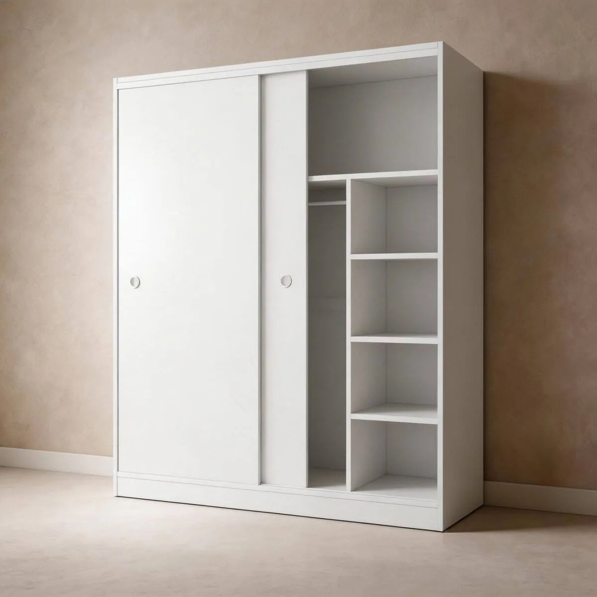 Scandinavian Sliding Door Wood Wardrobe With Shelves And Rod