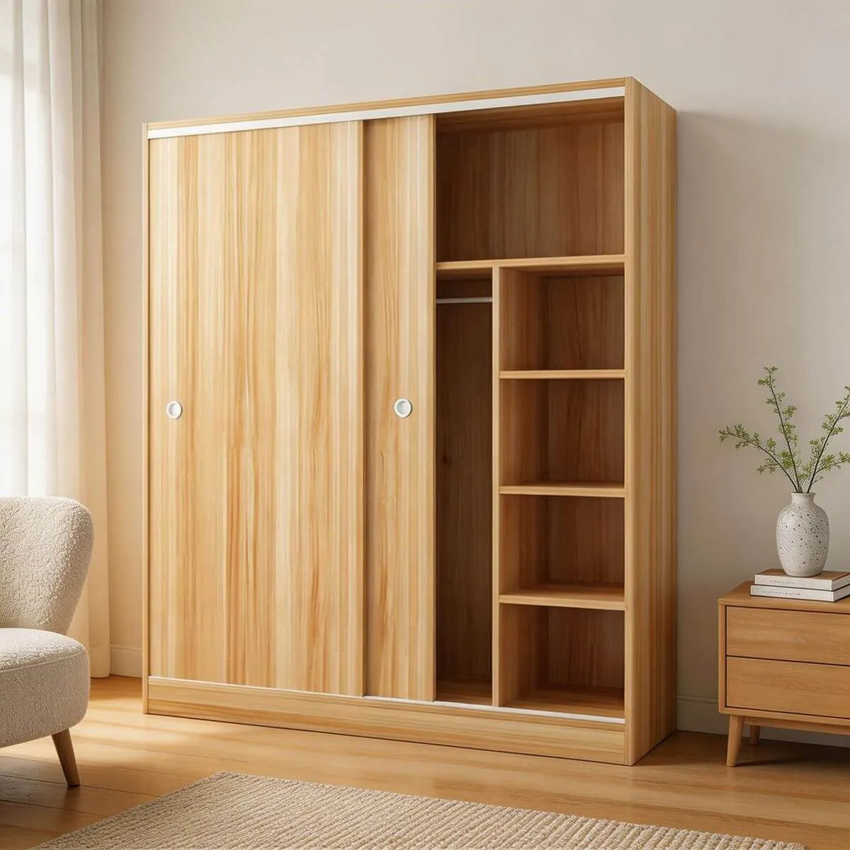 Scandinavian Sliding Door Wood Wardrobe With Shelves And Rod