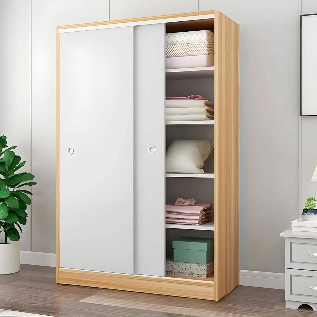 Scandinavian Sliding Door Wood Wardrobe With Shelves And Rod