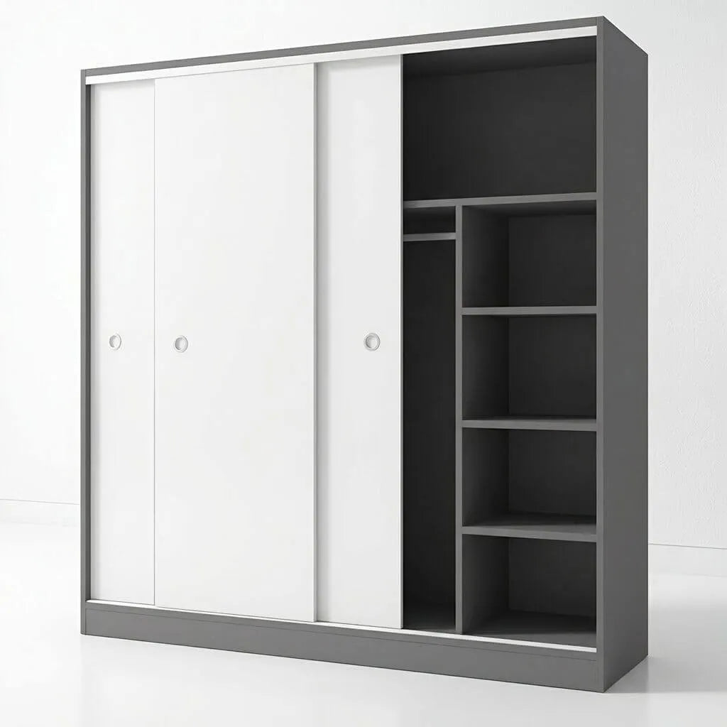 Scandinavian Sliding Door Wood Wardrobe With Shelves And Rod