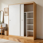 Scandinavian Sliding Door Wood Wardrobe With Shelves And Rod