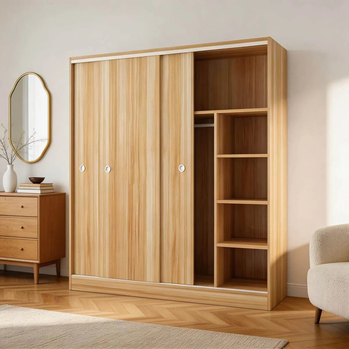 Scandinavian Sliding Door Wood Wardrobe With Shelves And Rod