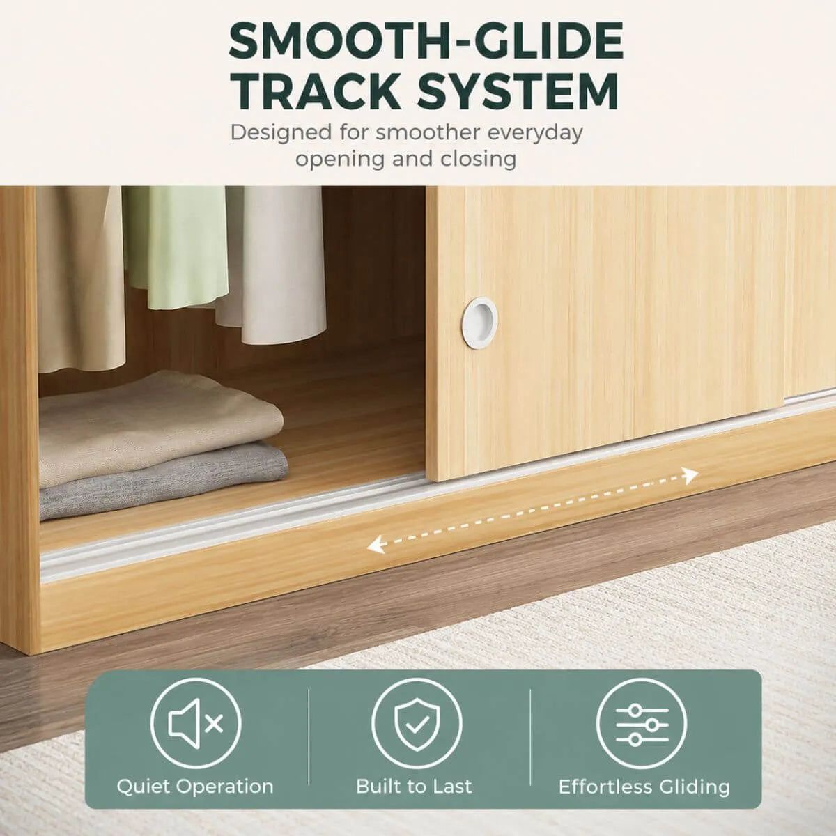 Scandinavian Sliding Door Wood Wardrobe With Shelves And Rod