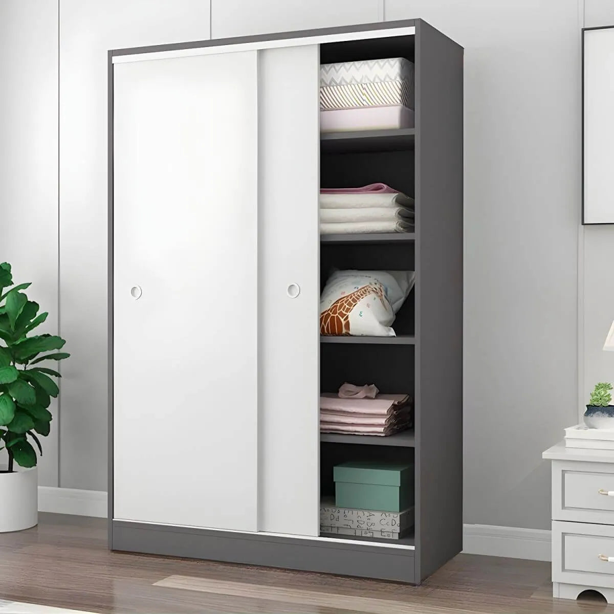 Scandinavian Sliding Door Wood Wardrobe With Shelves And Rod