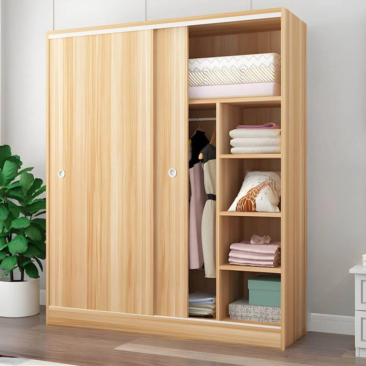 Scandinavian Sliding Door Wood Wardrobe With Shelves And Rod