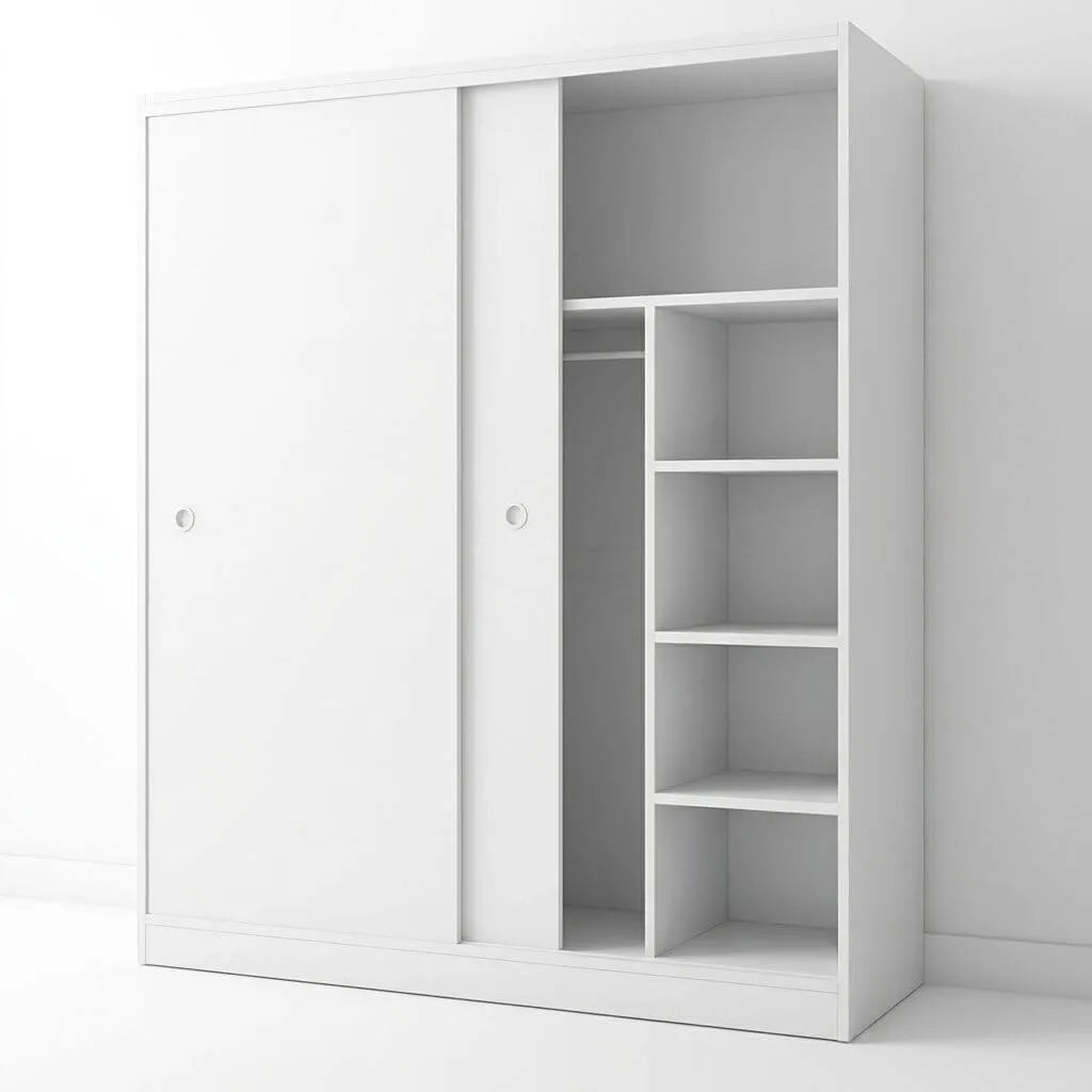 Scandinavian Sliding Door Wood Wardrobe With Shelves And Rod