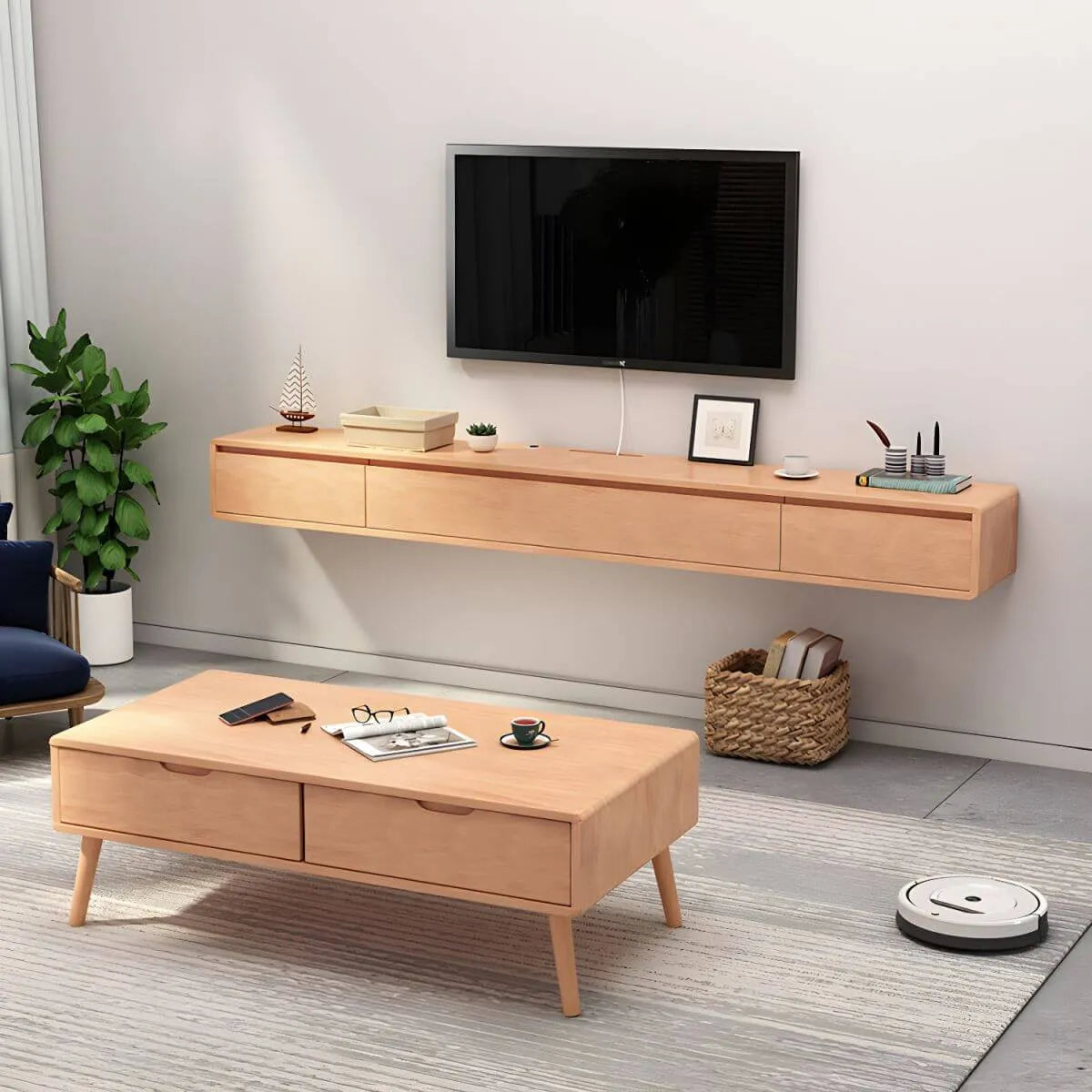 Scandinavian Solid Wood Floating TV Stand with Drawers