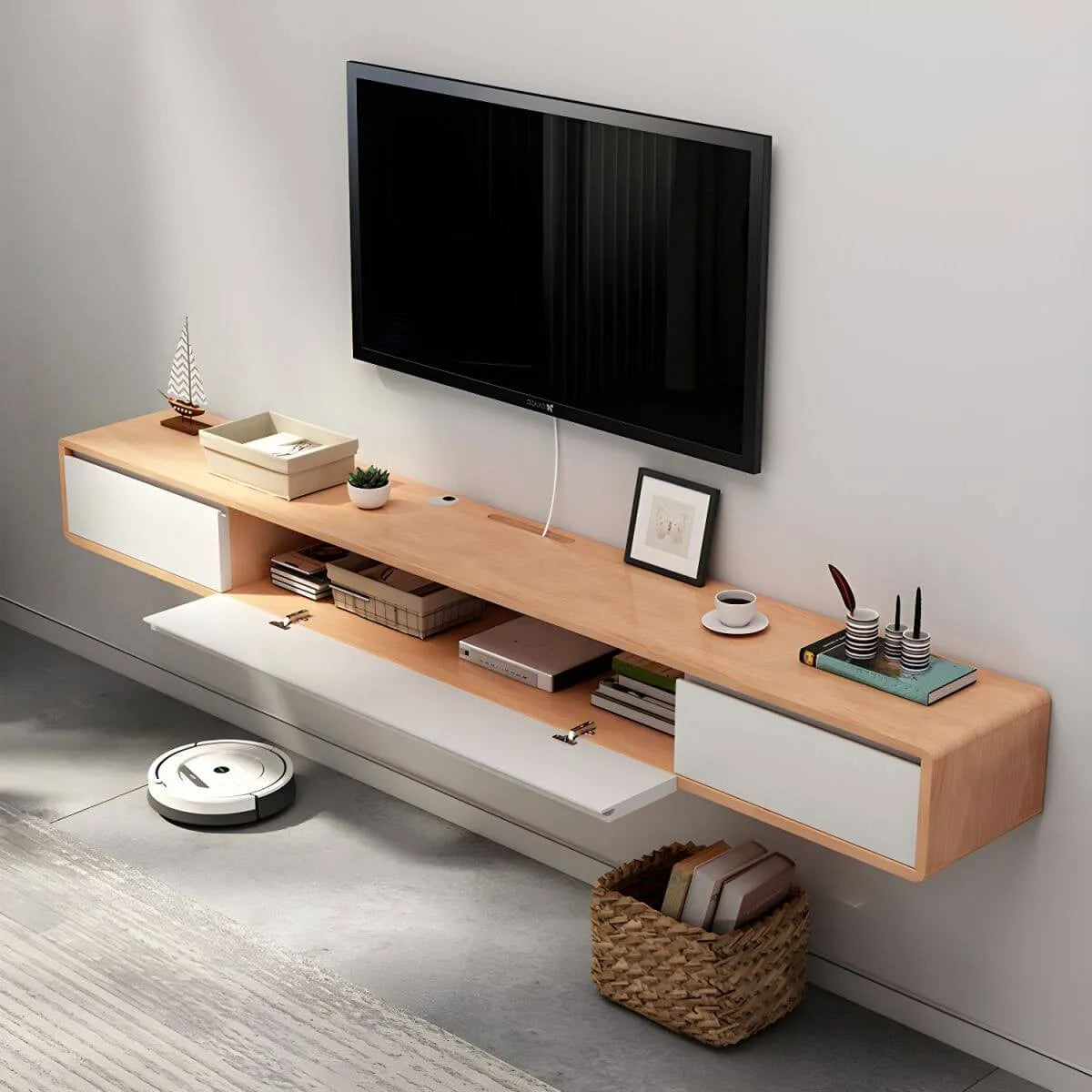 Scandinavian Solid Wood Floating TV Stand with Drawers Secondary image