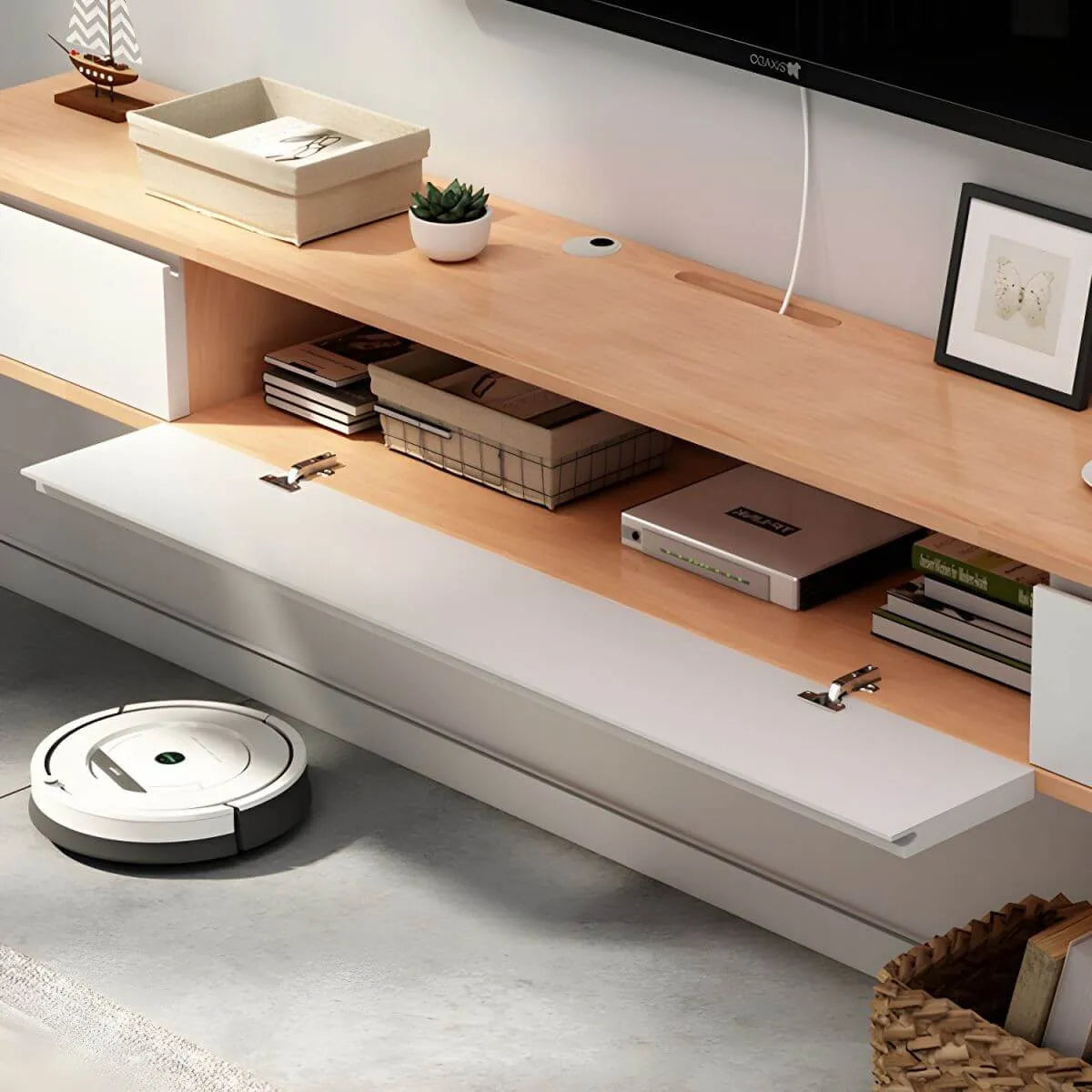 Scandinavian Solid Wood Floating TV Stand with Drawers