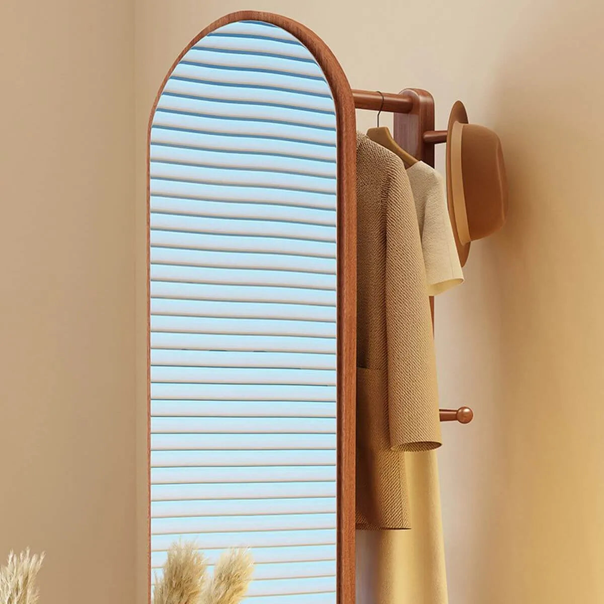 Scandinavian Solid Wood Hall Tree with Mirror & Open Storage