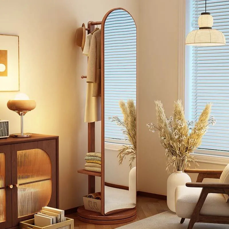 Scandinavian Solid Wood Hall Tree with Mirror & Open Storage