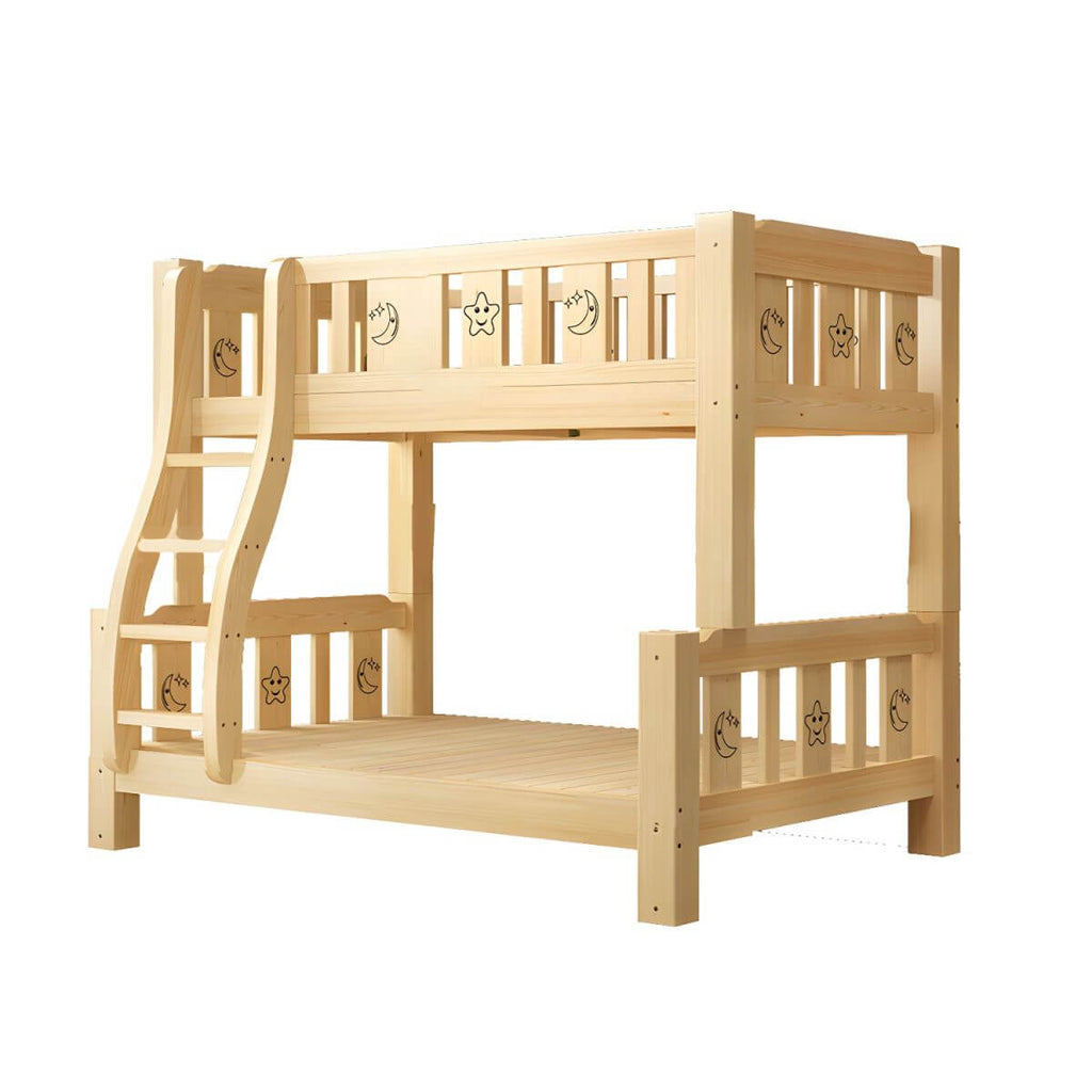 Scandinavian Solid Wood Kids Bunk Bed with Hand-Drawn Stars & Guardrails