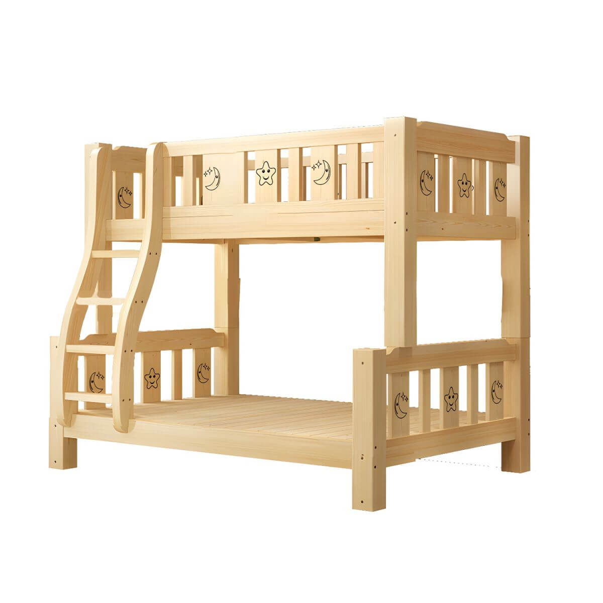 Scandinavian Solid Wood Kids Bunk Bed with Hand-Drawn Stars & Guardrails
