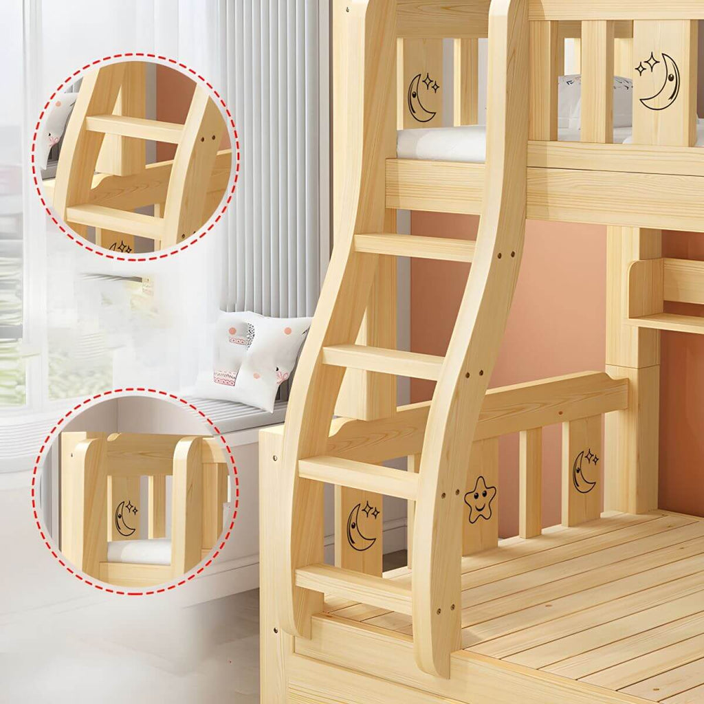 Scandinavian Solid Wood Kids Bunk Bed with Hand-Drawn Stars & Guardrails