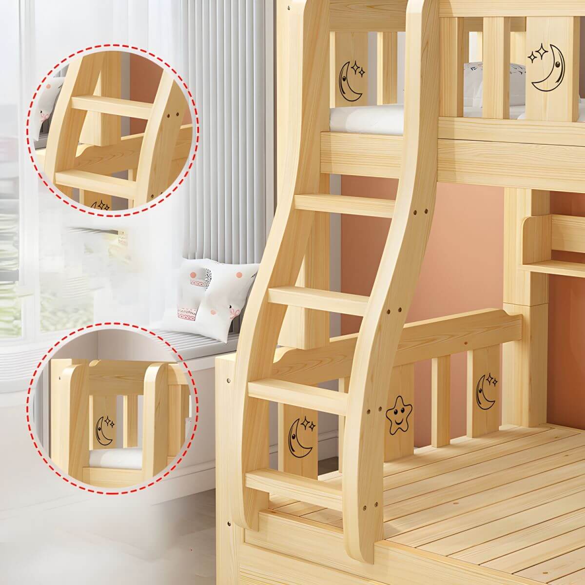 Scandinavian Solid Wood Kids Bunk Bed with Hand-Drawn Stars & Guardrails