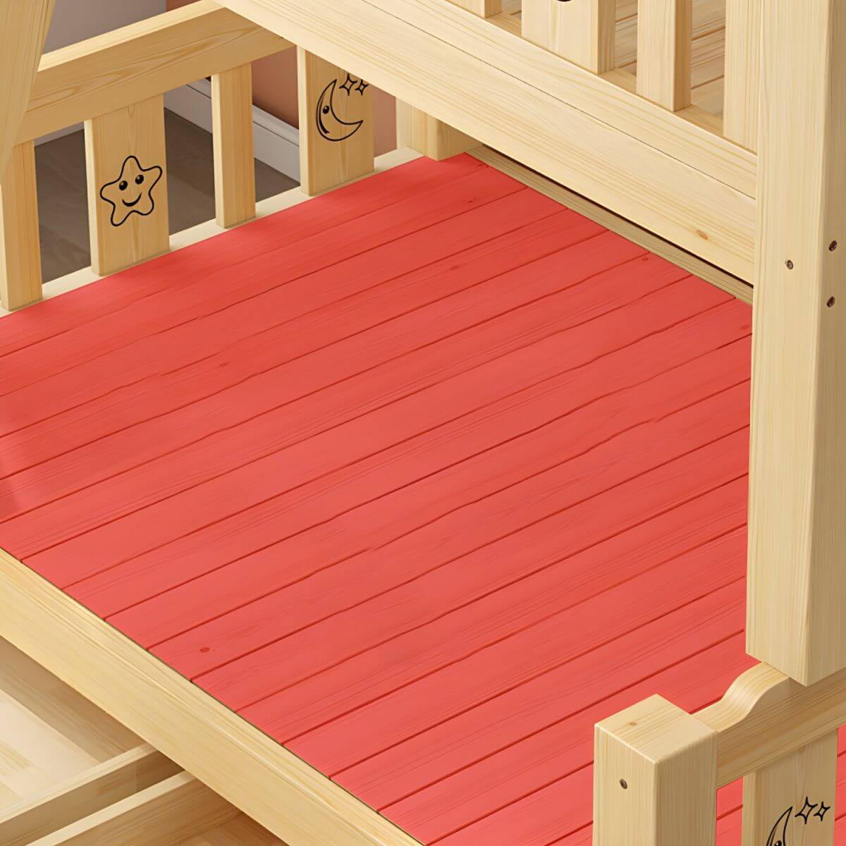 Scandinavian Solid Wood Kids Bunk Bed with Hand-Drawn Stars & Guardrails