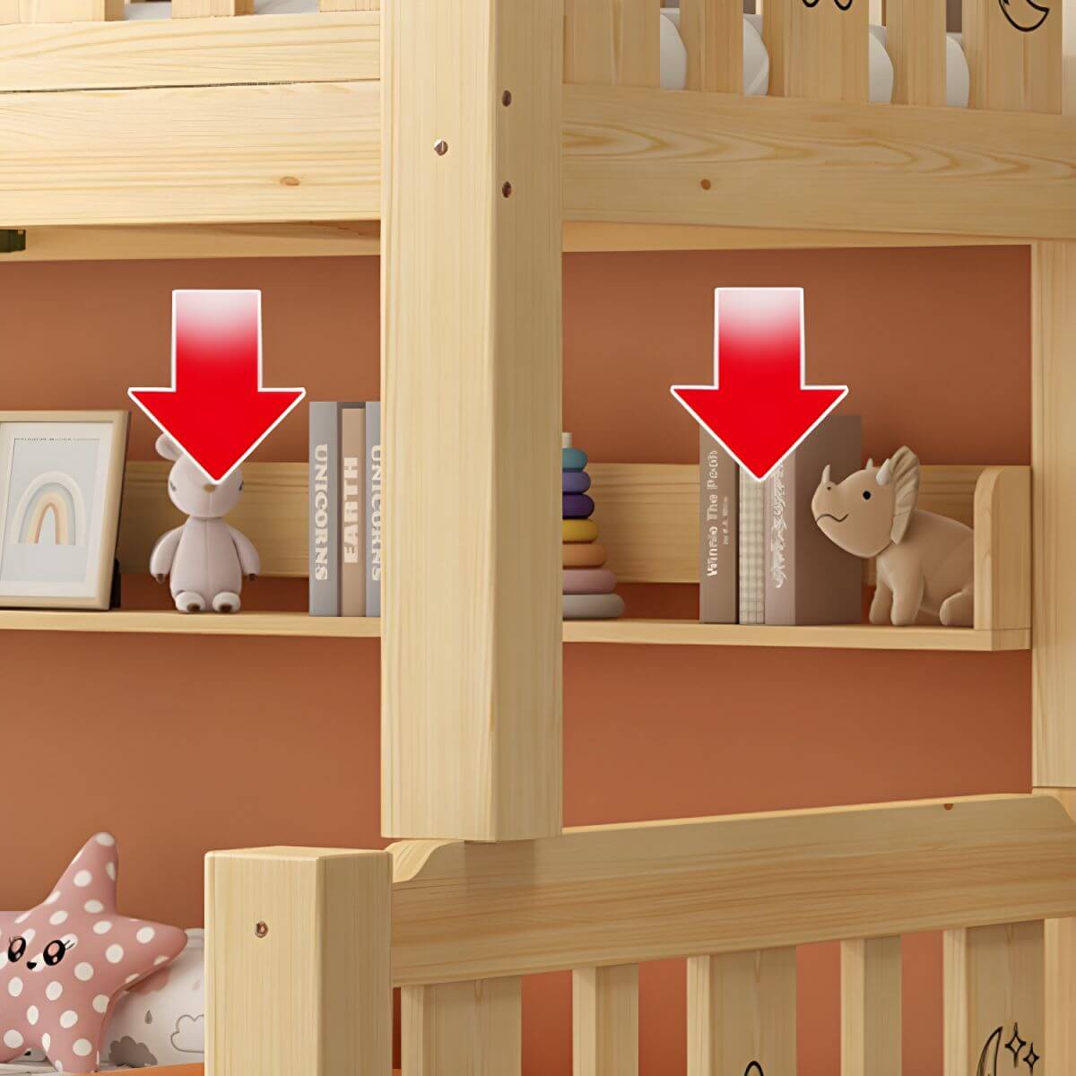 Scandinavian Solid Wood Kids Bunk Bed with Hand-Drawn Stars & Guardrails
