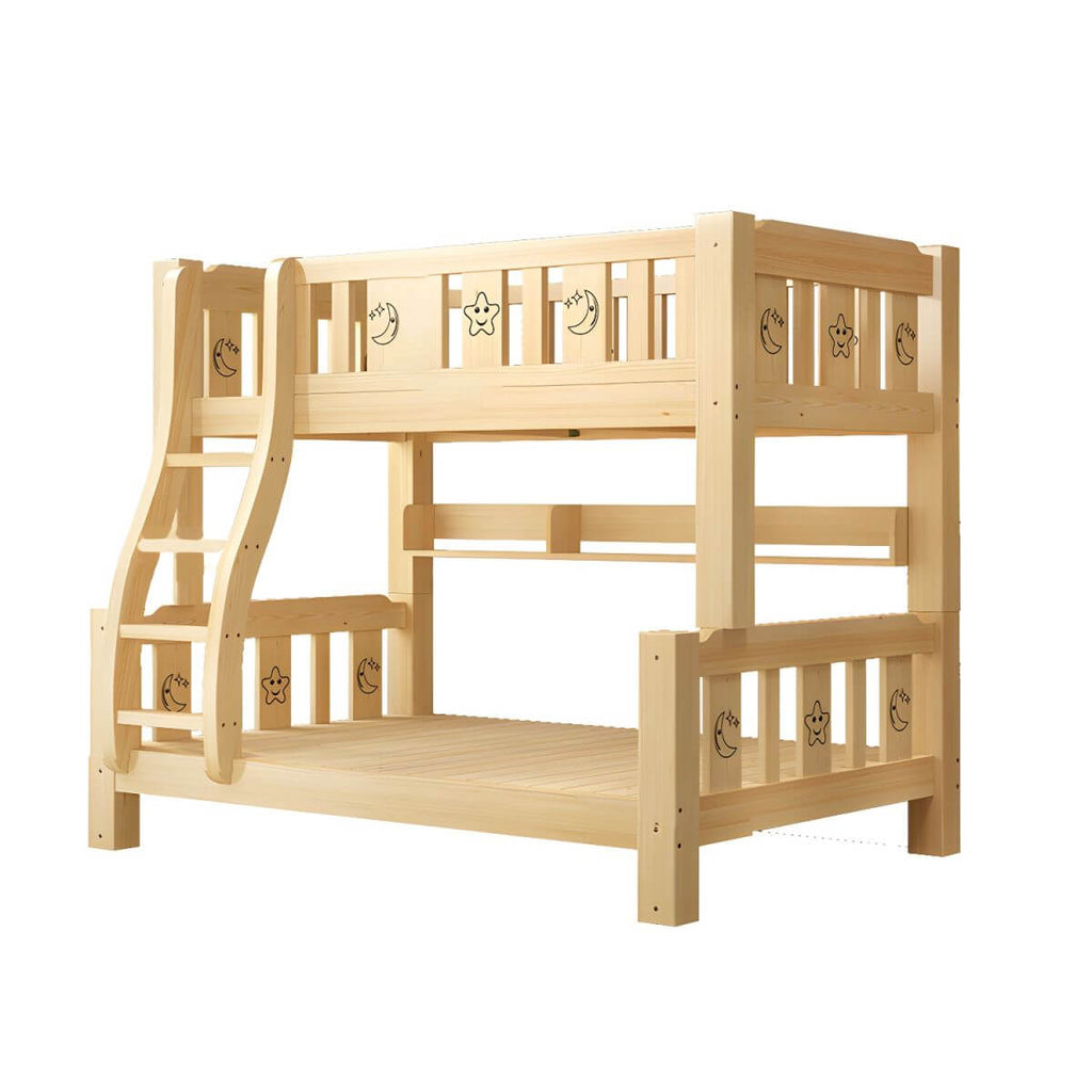 Scandinavian Solid Wood Kids Bunk Bed with Hand-Drawn Stars & Guardrails