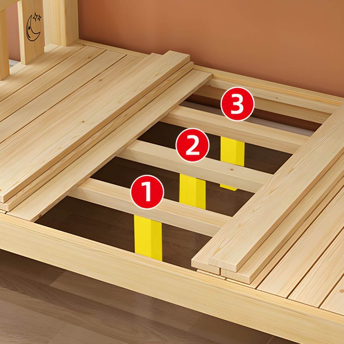 Scandinavian Solid Wood Kids Bunk Bed with Hand-Drawn Stars & Guardrails