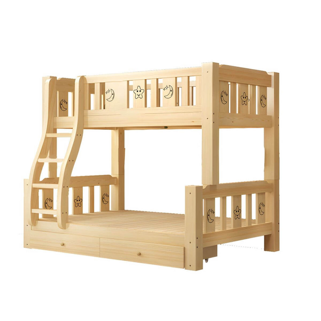 Scandinavian Solid Wood Kids Bunk Bed with Hand-Drawn Stars & Guardrails