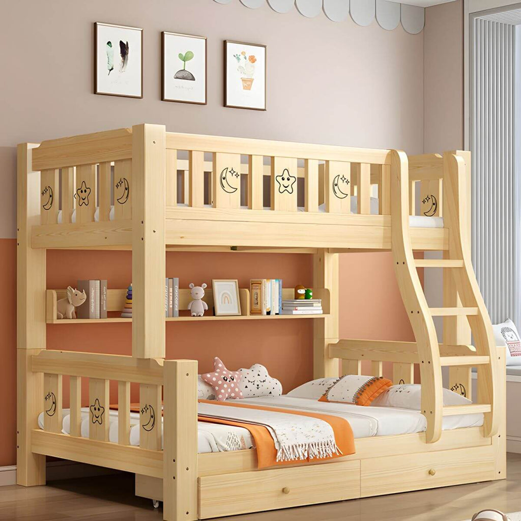 Scandinavian Solid Wood Kids Bunk Bed with Hand-Drawn Stars & Guardrails