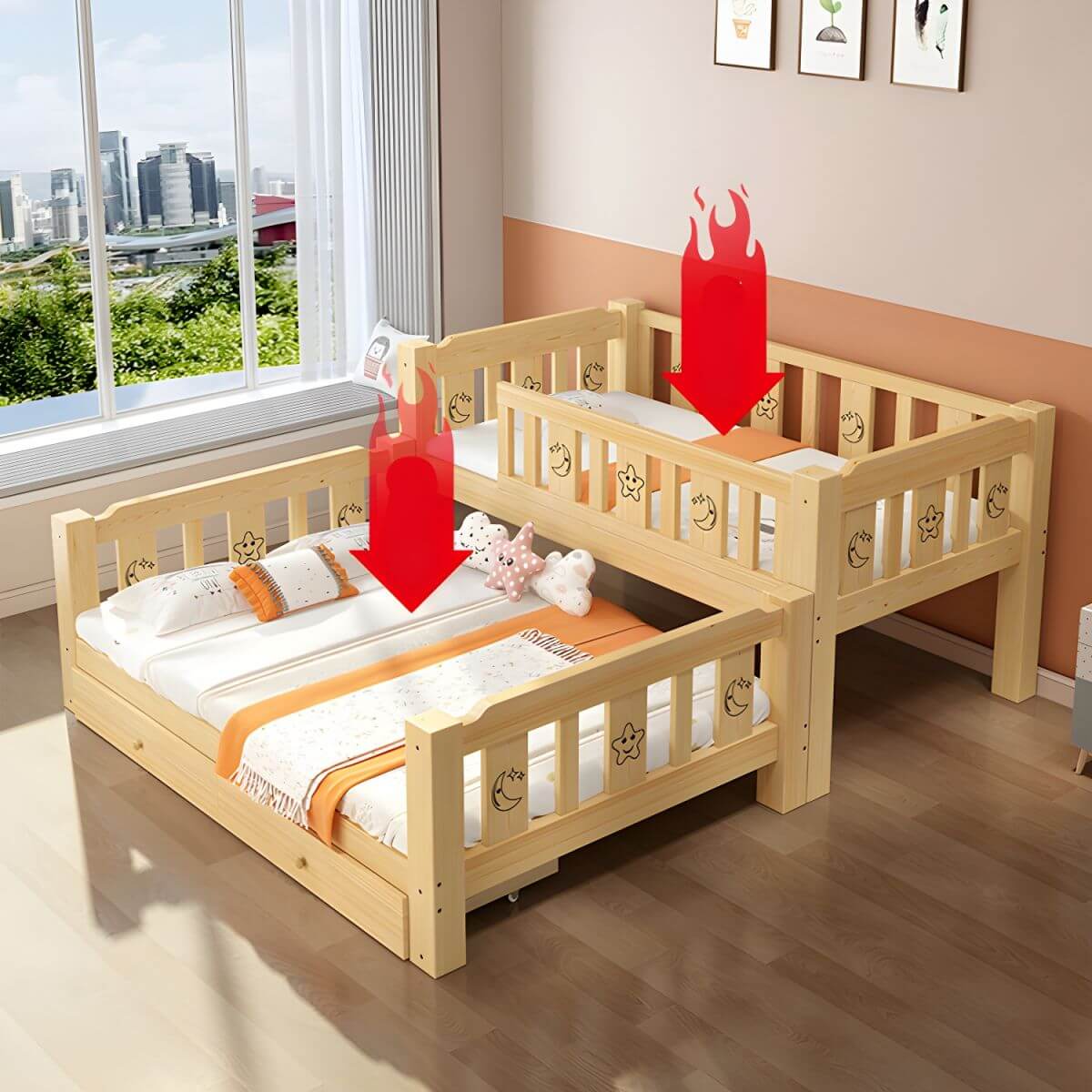 Scandinavian Solid Wood Kids Bunk Bed with Hand-Drawn Stars & Guardrails Secondary image