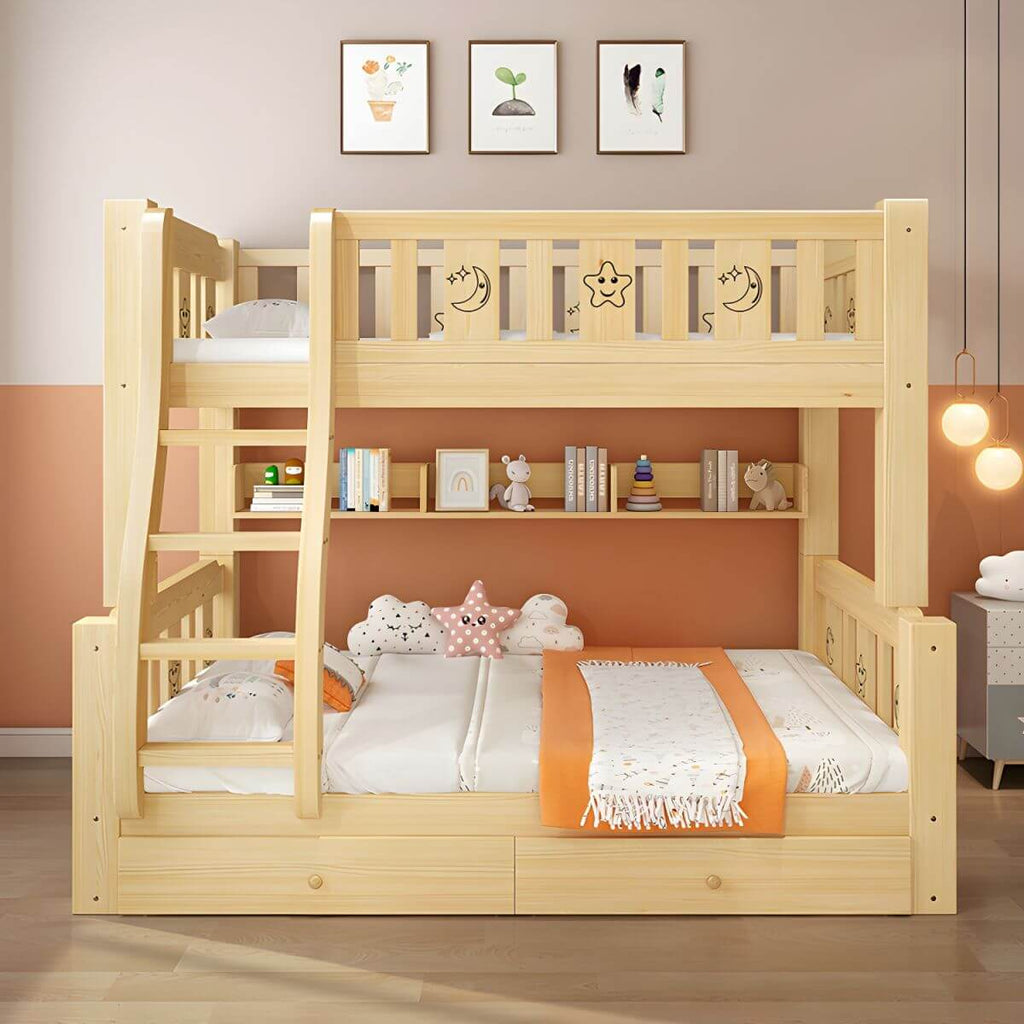 Scandinavian Solid Wood Kids Bunk Bed with Hand-Drawn Stars & Guardrails