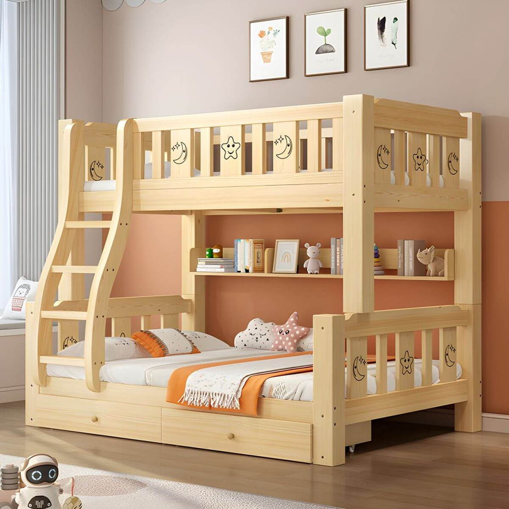 Scandinavian Solid Wood Kids Bunk Bed with Hand-Drawn Stars & Guardrails Main Product Image