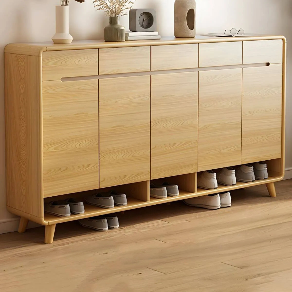 Scandinavian Solid Wood Shoe Cabinet with Drawers and Doors