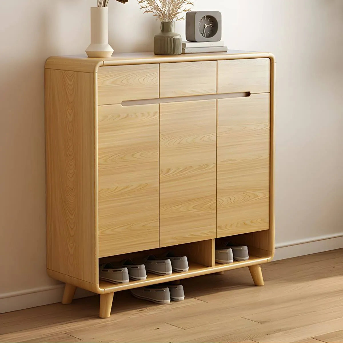Scandinavian Solid Wood Shoe Cabinet with Drawers and Doors