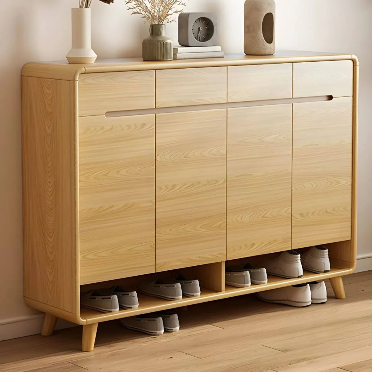 Scandinavian Solid Wood Shoe Cabinet with Drawers and Doors
