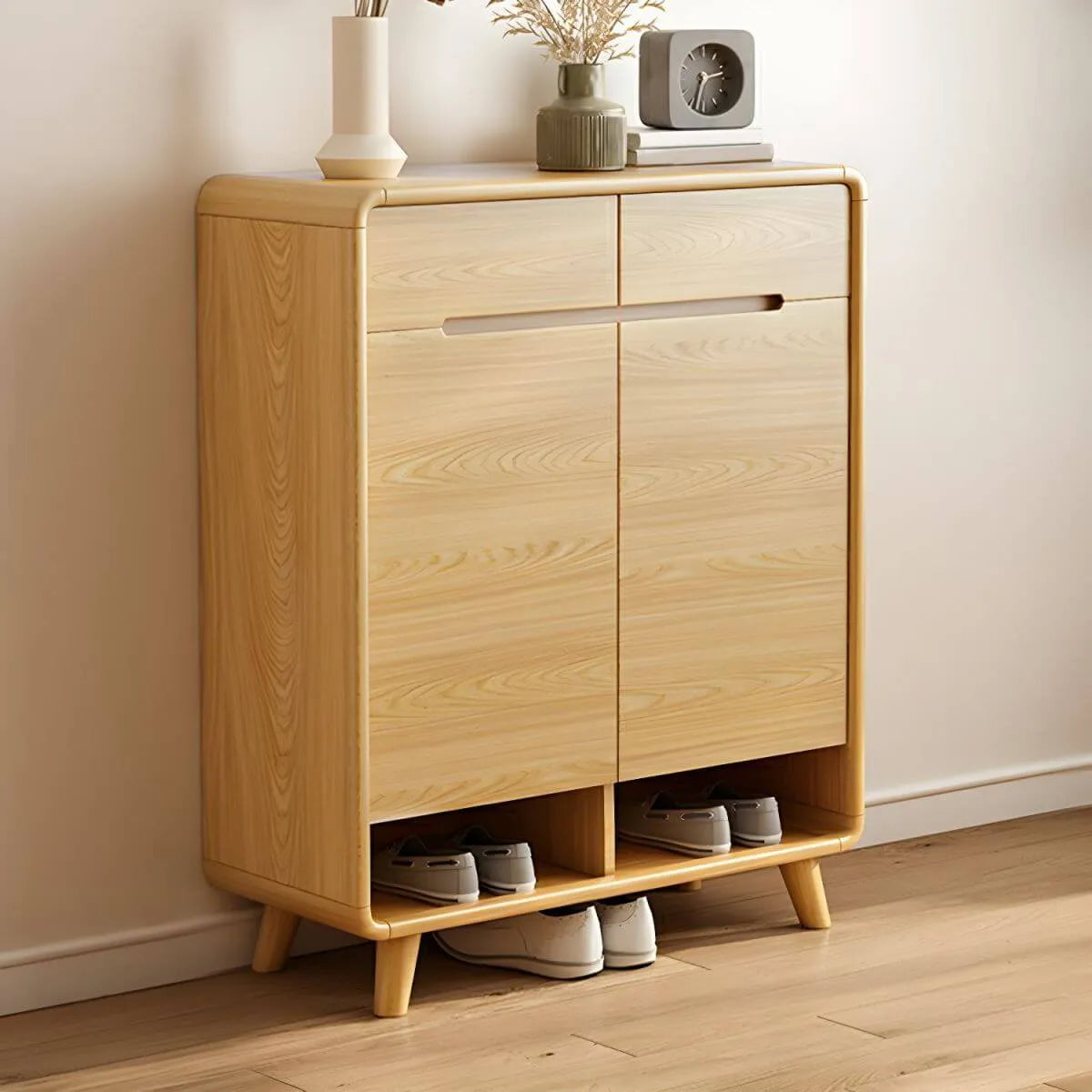 Scandinavian Solid Wood Shoe Cabinet with Drawers and Doors