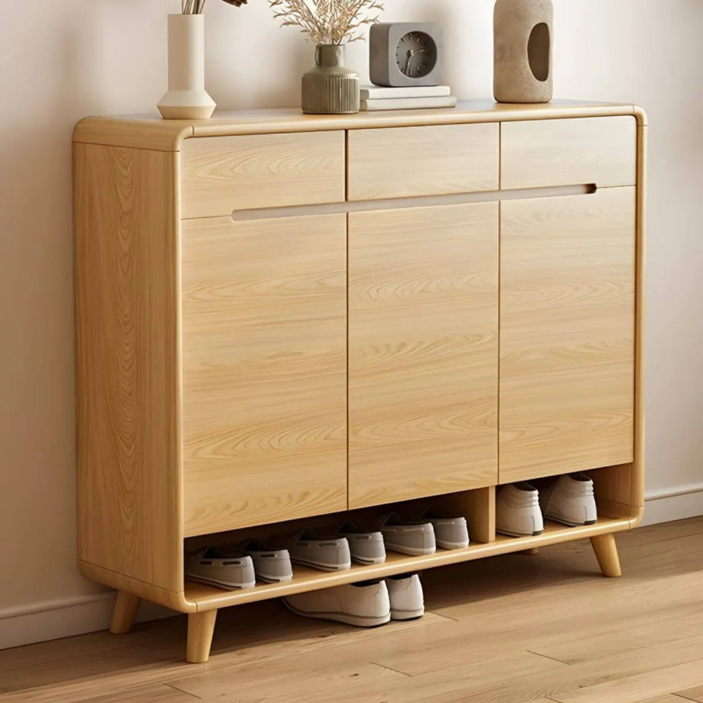 Scandinavian Solid Wood Shoe Cabinet with Drawers and Doors
