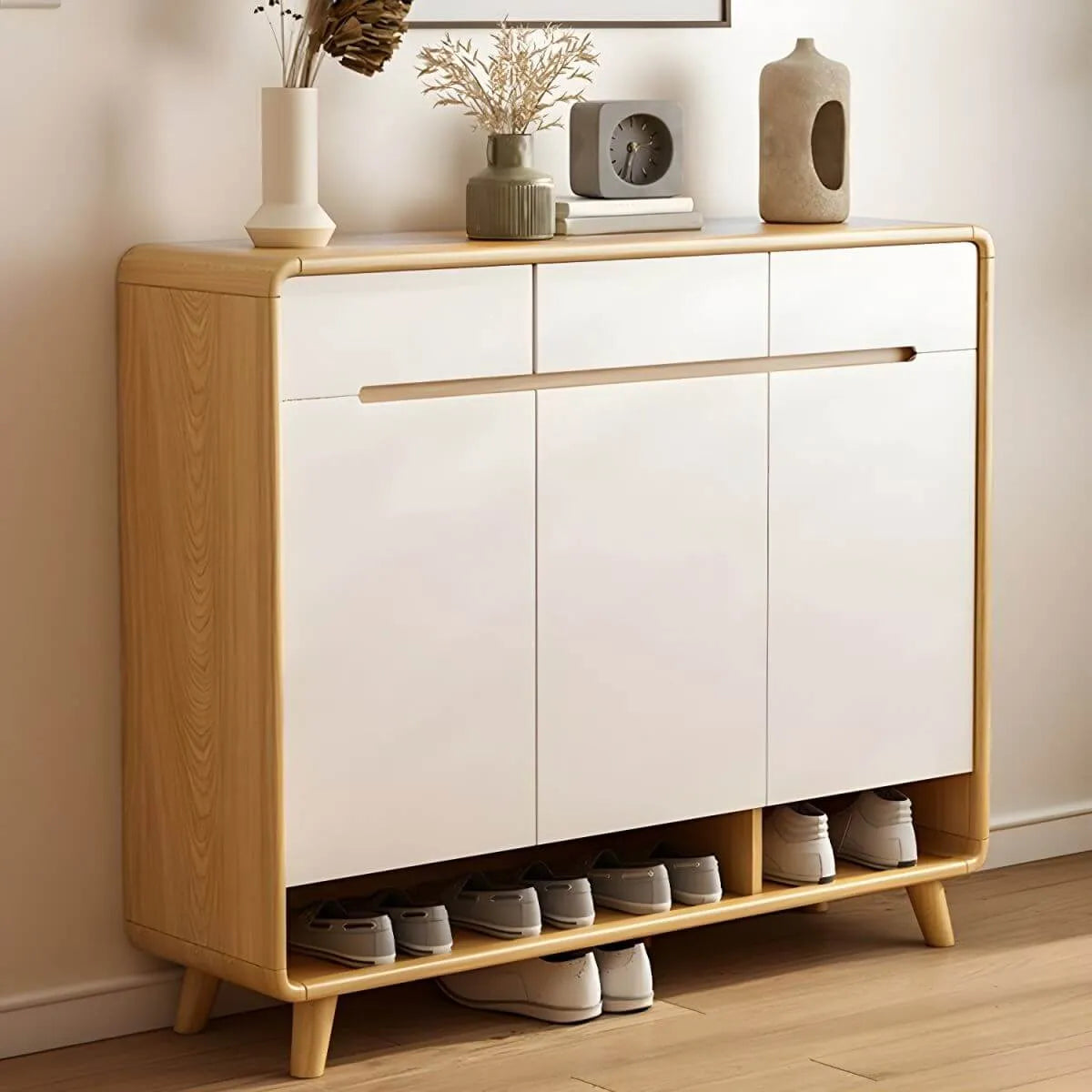 Scandinavian Solid Wood Shoe Cabinet with Drawers and Doors