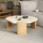 Scandinavian Travertine Top Hexagon Coffee Table with Wood Base