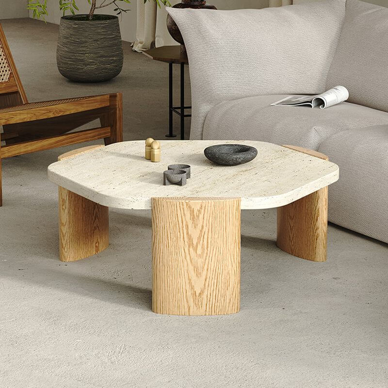 Scandinavian Travertine Top Hexagon Coffee Table with Wood Base