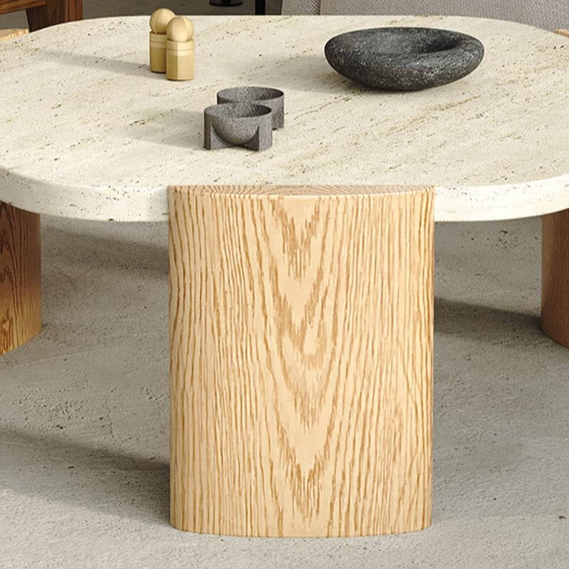Scandinavian Travertine Top Hexagon Coffee Table with Wood Base