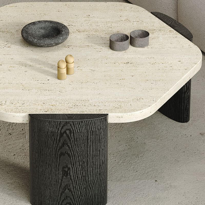 Scandinavian Travertine Top Hexagon Coffee Table with Wood Base