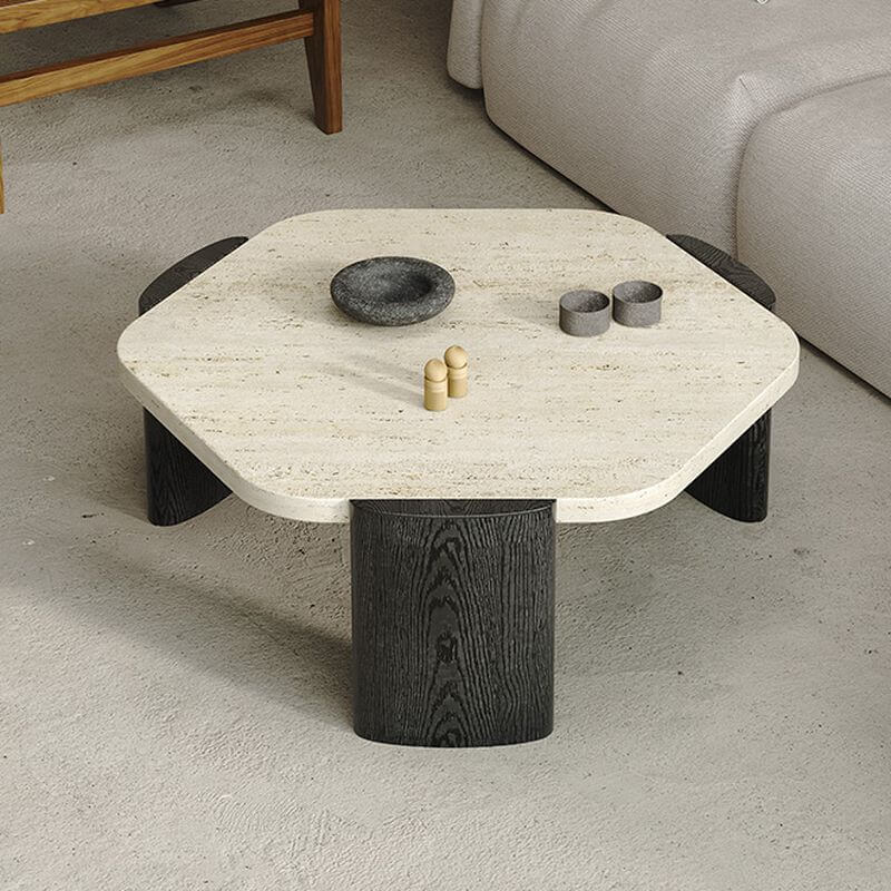 Scandinavian Travertine Top Hexagon Coffee Table with Wood Base