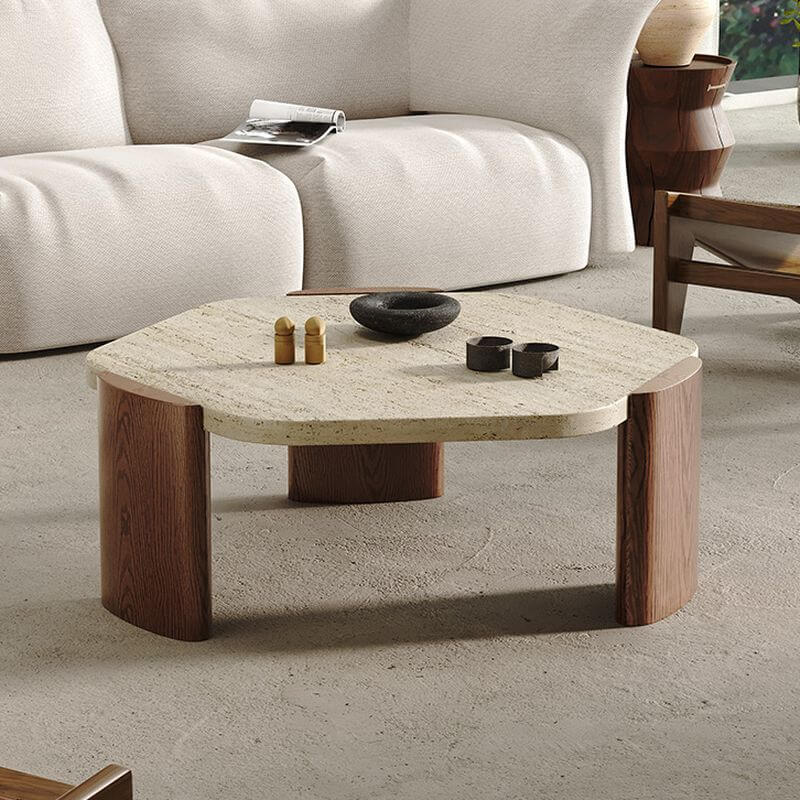 Scandinavian Travertine Top Hexagon Coffee Table with Wood Base