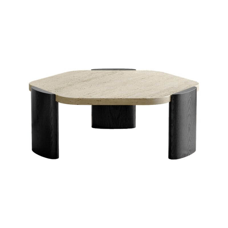 Scandinavian Travertine Top Hexagon Coffee Table with Wood Base