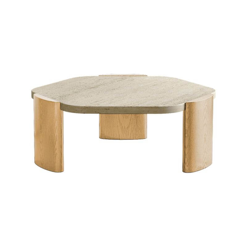 Scandinavian Travertine Top Hexagon Coffee Table with Wood Base